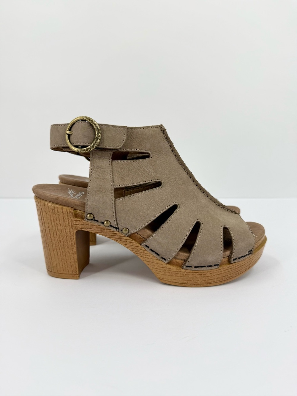 Dansko Demetra Heeled Peep Toe Sandal Taupe Milled Nubuck Leather 37 or 6.5-7 US